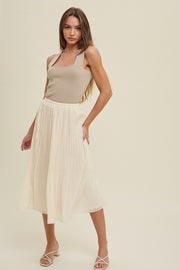 Cream Swiss Dot Pleated Midi Skirt