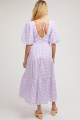 Lavender Gingham Puff Sleeve Maternity Tiered Midi Dress