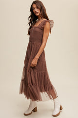 Mocha Smocked Ruffle Tiered Mesh Midi Maxi Dress