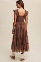 Mocha Smocked Ruffle Tiered Mesh Midi Maxi Dress