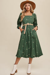 Green Ribbon Embroidered Square Neck Maxi Dress