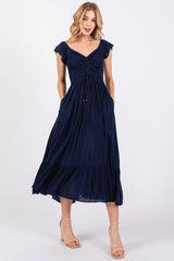 Navy Smocked Ruched Ruffle Hem Maxi Dress