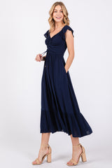 Navy Smocked Ruched Ruffle Hem Maxi Dress