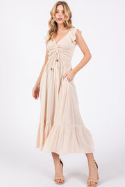 Beige Smocked Ruched Ruffle Hem Maxi Dress