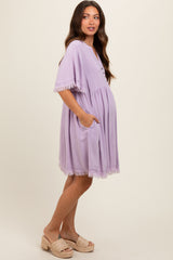 Lavender Button Front Frayed Maternity Dress