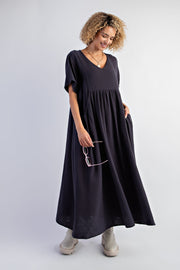 Charcoal Gauze Short Sleeve Midi Dress