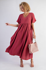 Red Gauze Short Sleeve Maternity Midi Dress