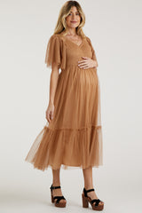 Camel Dotted Tulle Smocked Maternity Midi Dress