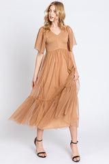 Camel Dotted Tulle Smocked Maternity Midi Dress