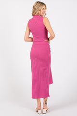 Fuchsia Ribbed Crop Front Knot Midi Skirt Set