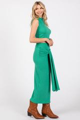 Green Ribbed Crop Front Knot Midi Skirt Set