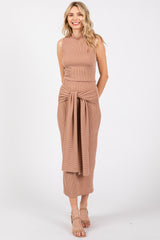 Mocha Ribbed Crop Front Knot Midi Skirt Maternity Set