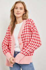 Pink V-Neck Plaid Woven Cardigan