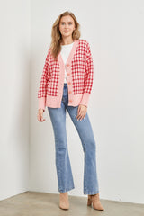 Pink V-Neck Plaid Woven Cardigan