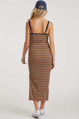 Mocha Striped Ribbed Side Slit Maternity Midi Dress