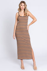 Mocha Striped Ribbed Side Slit Maternity Midi Dress