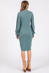 Teal Ribbed Long Sleeve Mock Neck Dress