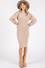 Beige Ribbed Long Sleeve Mock Neck Dress