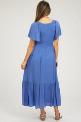 Blue Smocked Flutter Sleeve Maternity Midi Dress