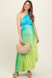 Blue Ombre Pleated Asymmetrical Maternity Maxi Dress