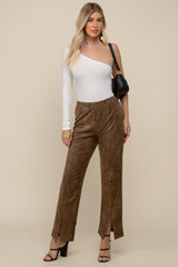 Mocha Suede Pants With Front Slit Detail