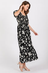 Black Floral Puff Sleeve Midi Dress