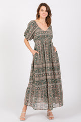 Forest Green V-Neck 3/4 Sleeve Maternity Maxi Dress