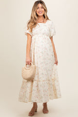 Ivory Floral Eyelet Puff Sleeve Maternity Maxi Dress