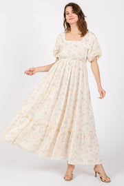 Ivory Floral Eyelet Puff Sleeve Maxi Dress