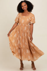 Camel Floral Print Ruffle Hem Maternity Maxi Dress