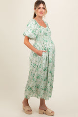 Green Floral Smocked Sweetheart Neck Short Puff Sleeve Maternity Midi Dress