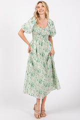 Green Floral Smocked Sweetheart Neck Short Puff Sleeve Midi Dress