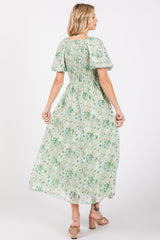 Green Floral Smocked Sweetheart Neck Short Puff Sleeve Midi Dress