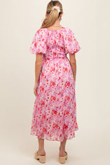 Pink Floral Smocked Sweetheart Neck Short Puff Sleeve Maternity Midi Dress