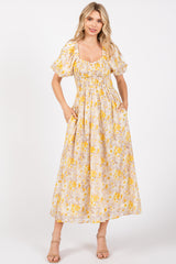 Yellow Floral Smocked Sweetheart Neck Short Puff Sleeve Maternity Midi Dress