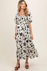 Cream Floral Puff Sleeve Maternity Midi Dress