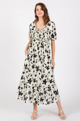 Cream Floral Puff Sleeve Maternity Midi Dress