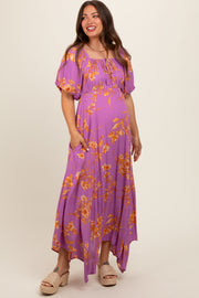 Lavender Floral Puff Sleeve Maternity Maxi Dress