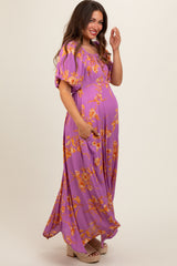 Lavender Floral Puff Sleeve Maternity Maxi Dress