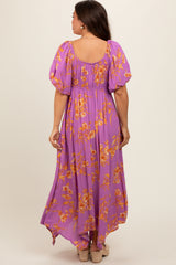 Lavender Floral Puff Sleeve Maternity Maxi Dress