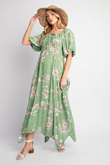 Light Olive Floral Puff Sleeve Maternity Maxi Dress