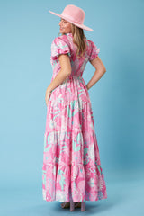 Pink Floral Smocked Short Puff Sleeve Tiered Maxi Dress