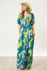 Teal Leaf Print Printed Puff Sleeve Maxi Dress