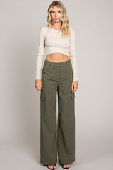 Olive Twill Wide Leg Flap Pocket Pants