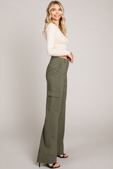 Olive Twill Wide Leg Flap Pocket Pants