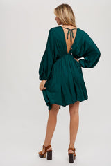 Hunter Green Satin Open-Back Dolman Sleeved Dress