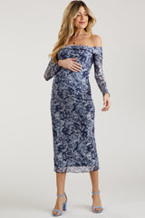 Navy Floral Off Shoulder Mesh Knit Maternity Midi Dress