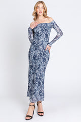 Navy Floral Off Shoulder Mesh Knit Maternity Midi Dress