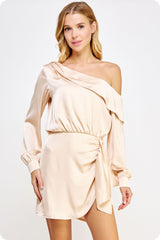 Champagne One Shoulder Draped Satin Mini Dress