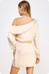 Champagne One Shoulder Draped Satin Mini Dress